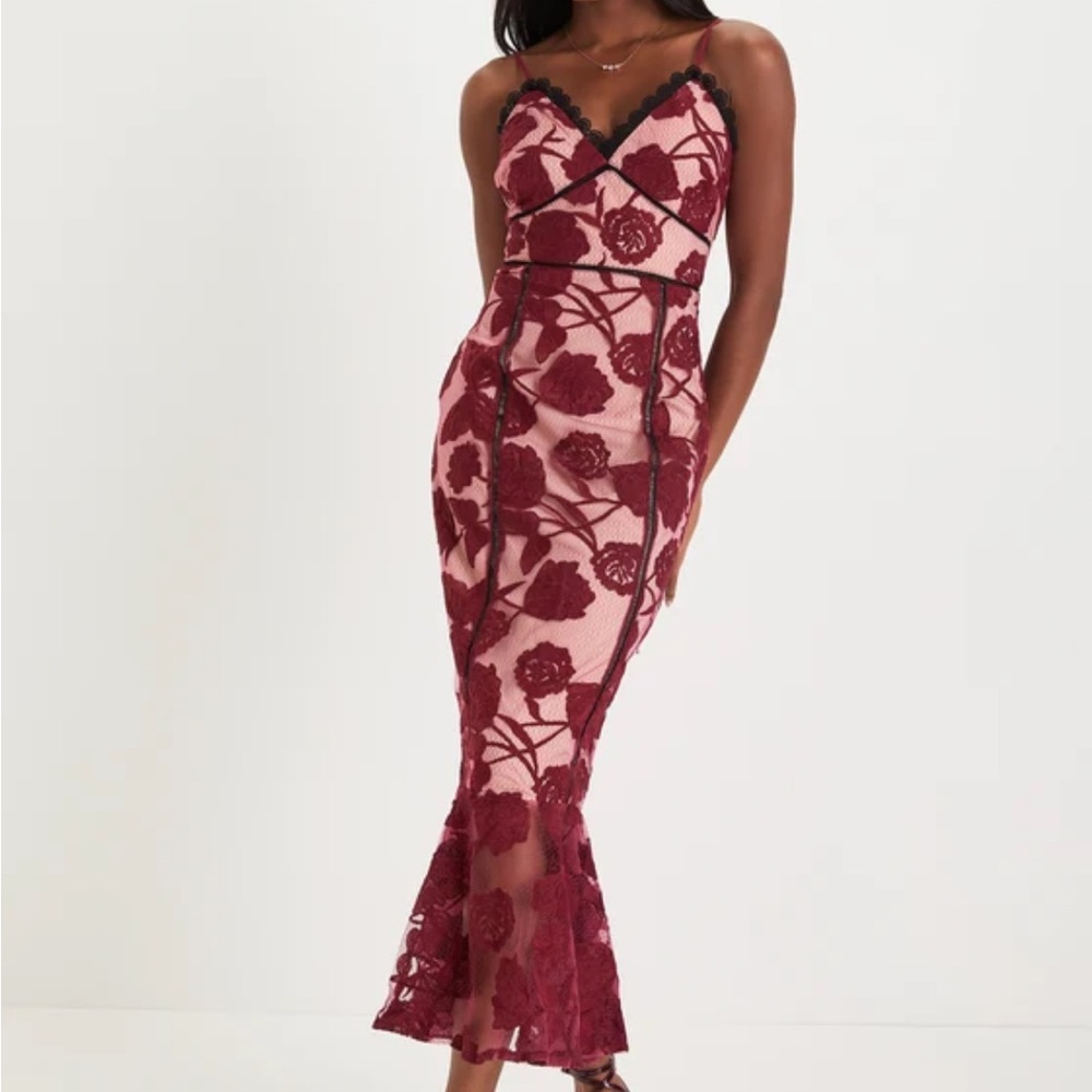 Alluring Dream Burgandy Floral Mesh Lace Midi Dress